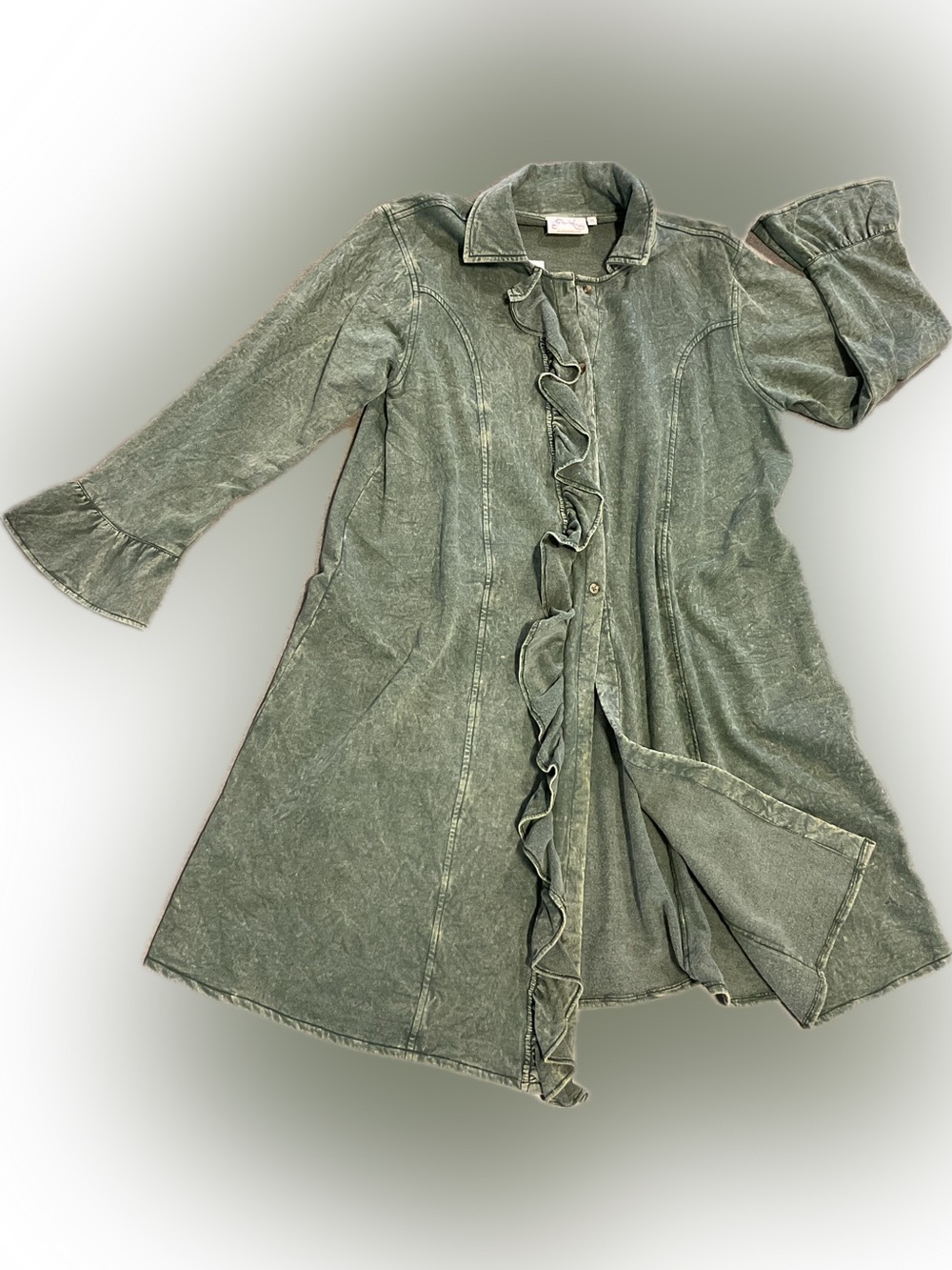 Olive Green Ruffle-Trim Duster Coat - Picture 2 of 3